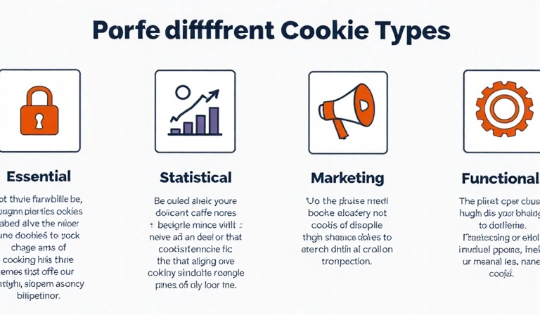 Grafické znázornění různých typů souborů cookie: nezbytné, statistické, marketingové a funkční, s ikonami pro každou kategorii.
