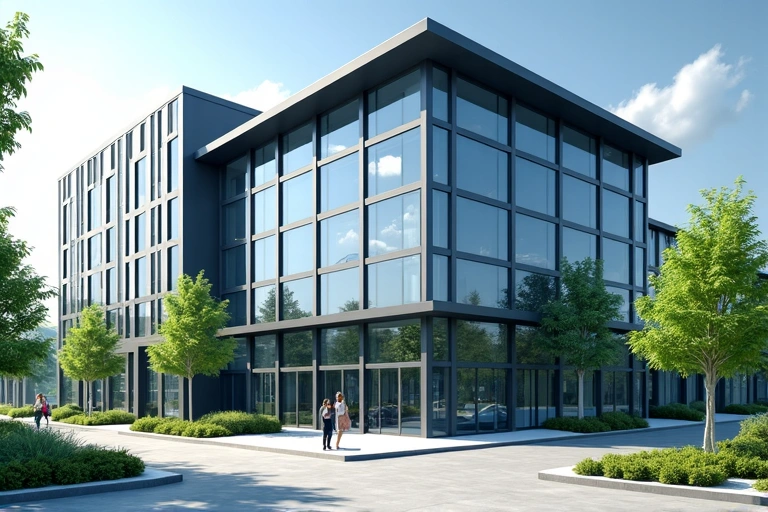 Moderní budova s architektonickými prvky, která se nachází v městském prostředí s zelení.