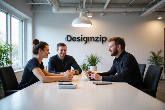 Moderní kancelářské prostory designzip s logem společnosti a usmívajícími se zaměstnanci.